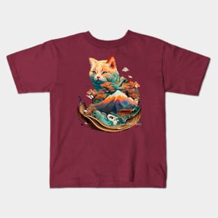 Mt Fuji Wise Yokai Cat Watercolors Kids T-Shirt